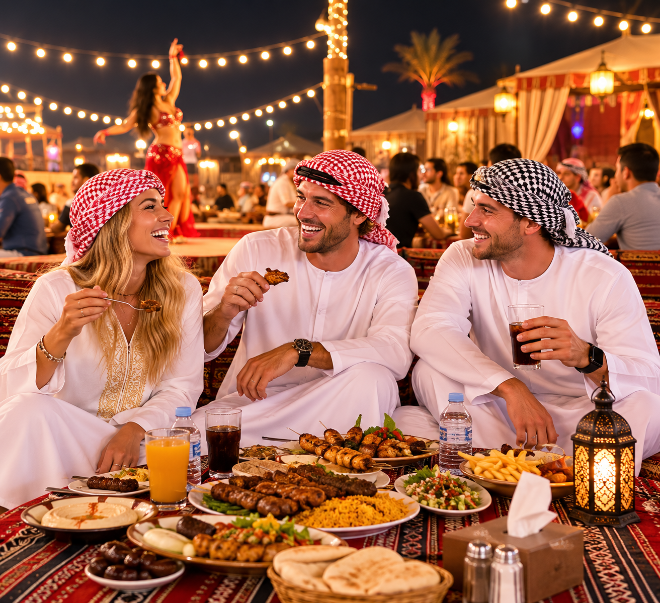 Guests enjoying BBQ dinner at desert camp