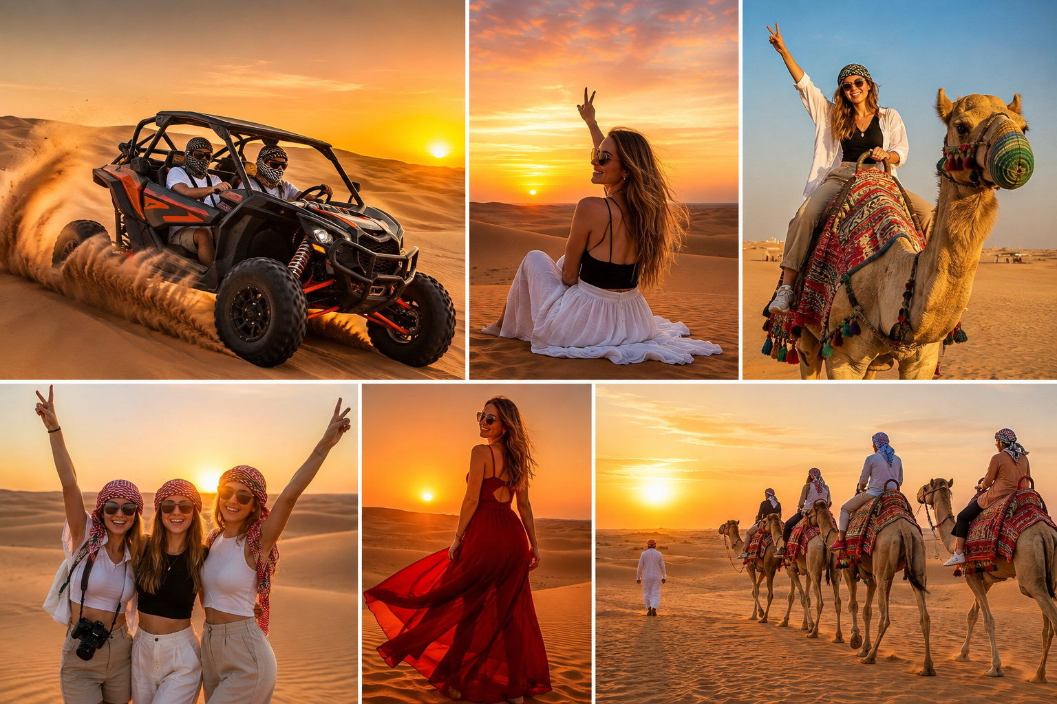 Desert safari highlights collage at sunset